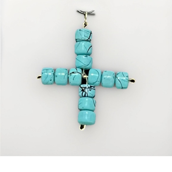 Beaded Cross Pendant Handmade Blue Beads Religious Jewelry - Picture 3 of 5